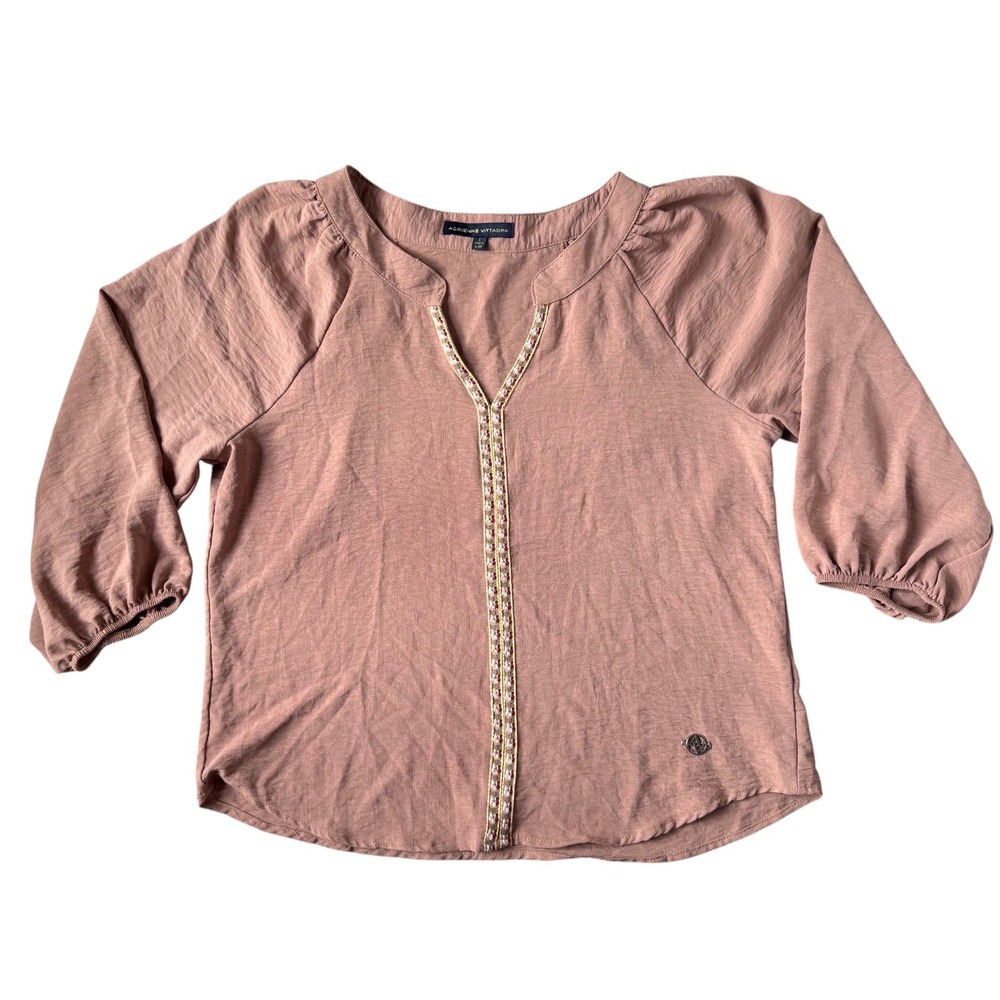 Adrienne Vittadini Boho Tan Embroidered Blouse Size L Fall Cottagecore Top‎